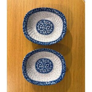 Vintage Seokchon Porcelain Candy Dish Set: Blue Gray Oval Bowls (Set of 2)